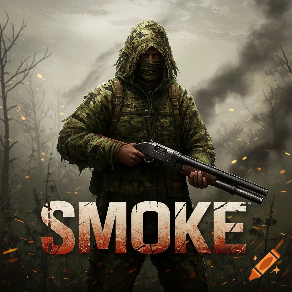 A person in camouflage holding a shotgun with the word SMOKE.