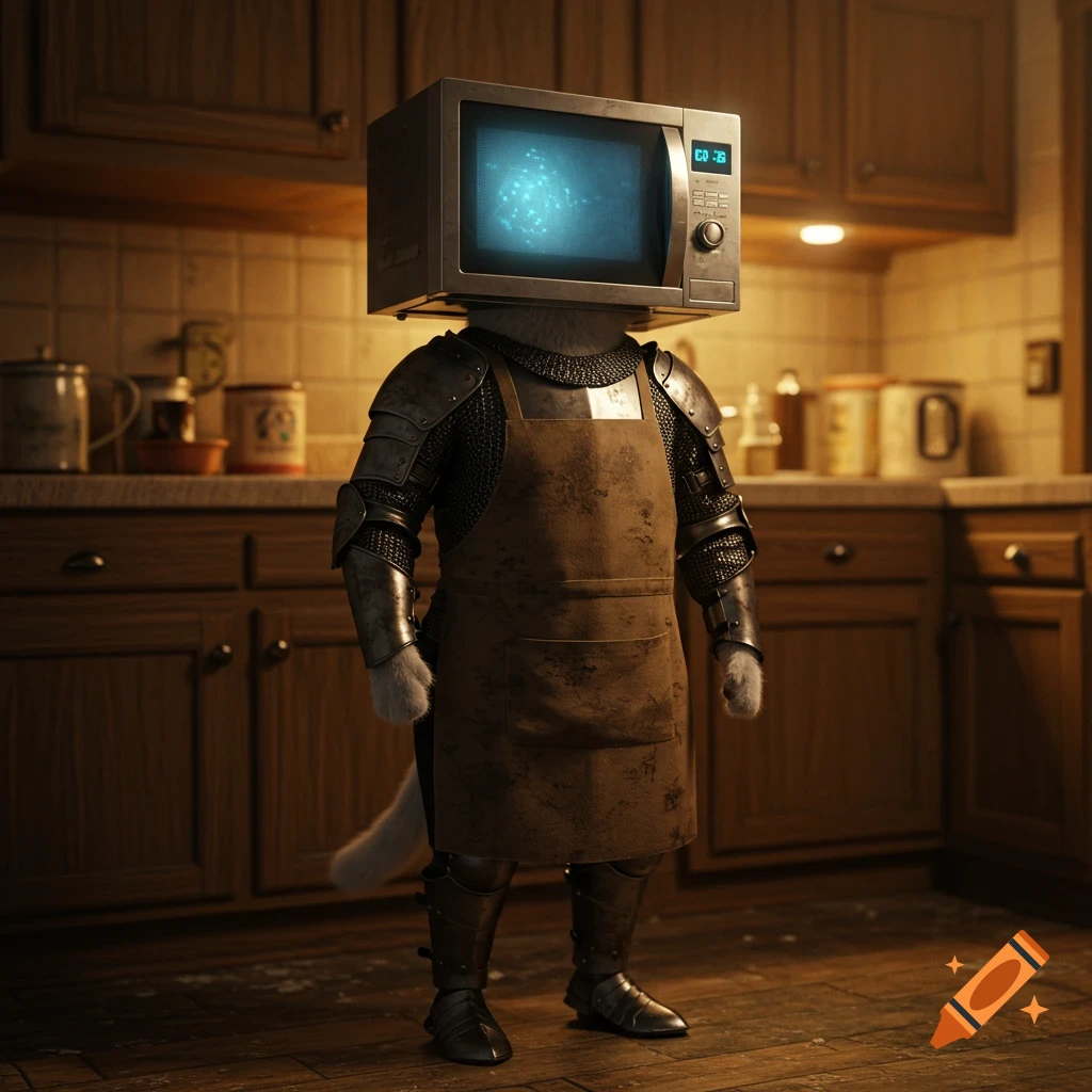 A cat with a microwave for a head wears armor and an apron while standing in a kitchen.
