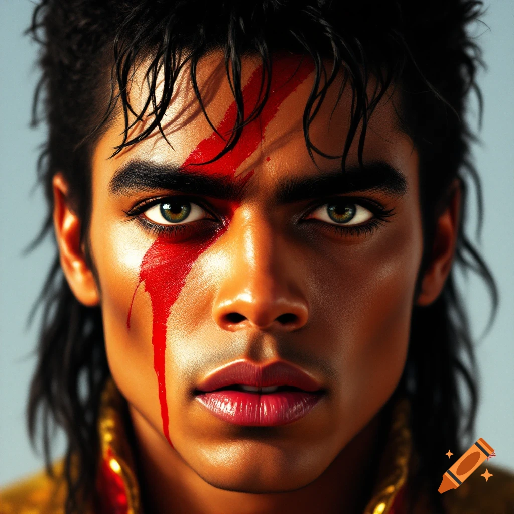 Close-up of a man's face with red paint streaks