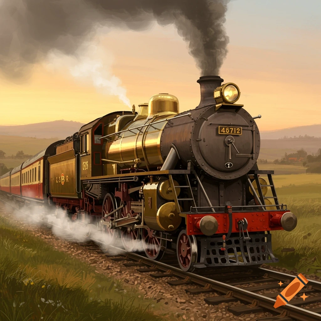 A steam train moves through a grassy landscape at sunset.