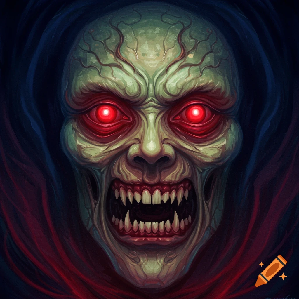 A scary monster face with red glowing eyes and sharp teeth.
