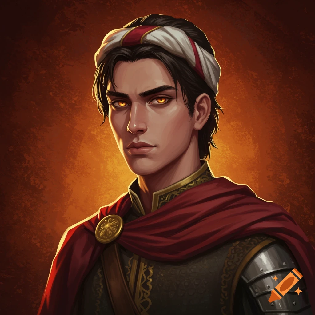 Portrait of a man in armor, red cape, and turban with amber eyes.