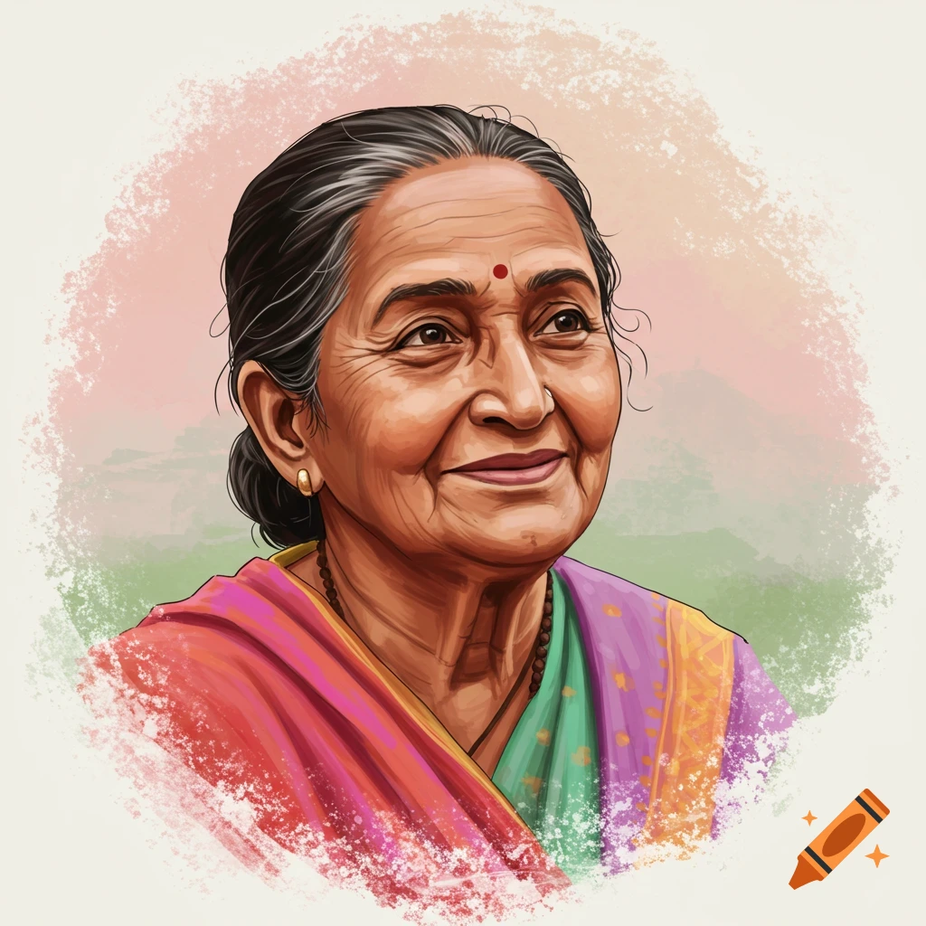 An older Indian woman in traditional attire with a bindi and necklace.