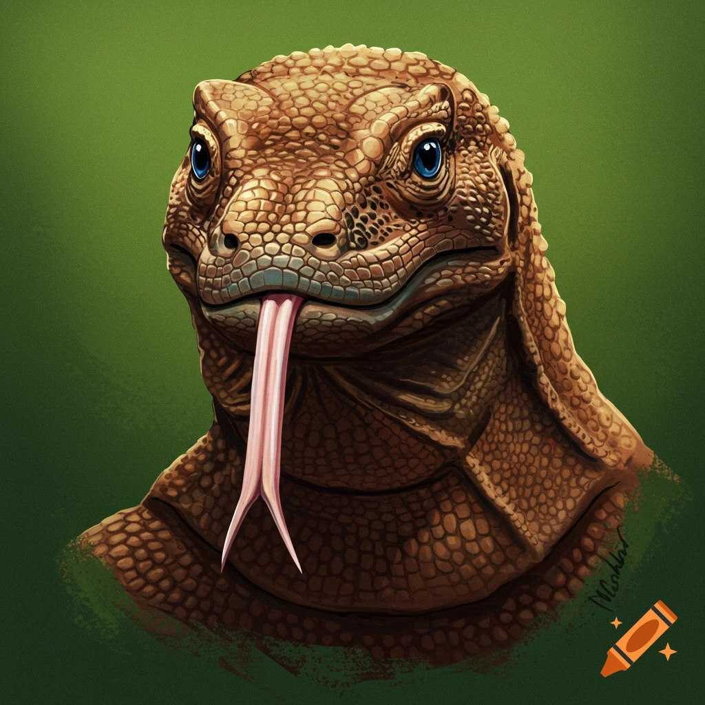Close-up of a Komodo dragon's head flicking its tongue, green background.