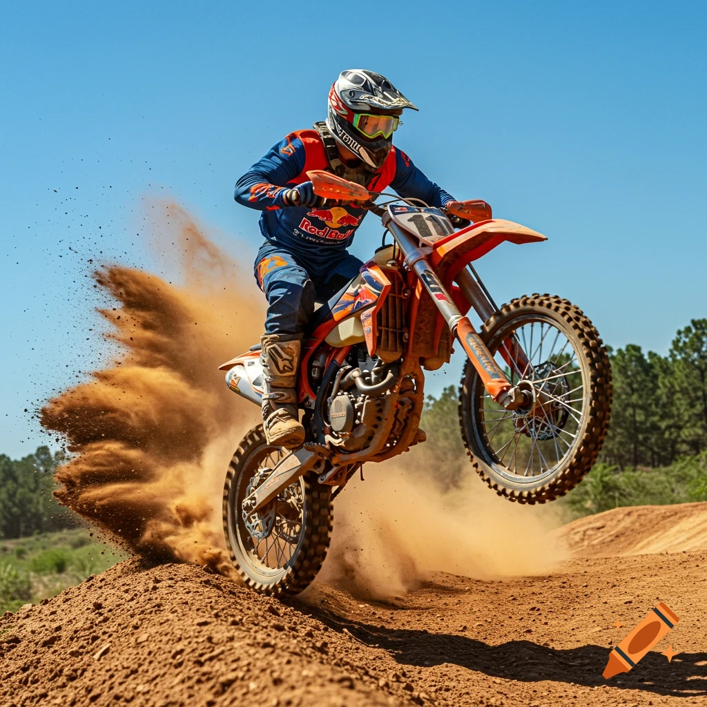 A motocross rider jumps their dirt bike, kicking up a large cloud of dirt.