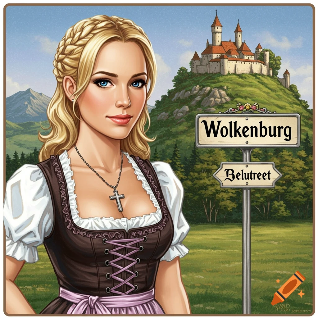 A blonde woman in a dirndl stands in front of a castle on a hill, next to signs that read 'Wolkenburg' and 'Belutreet'.