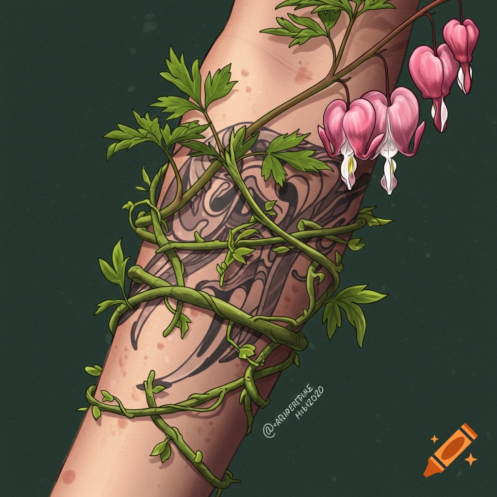 An arm tattoo wrapped with vines and bleeding heart flowers.