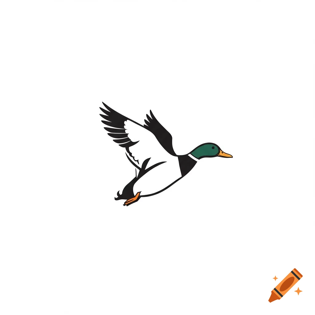 A simple logo of a mallard duck in flight.