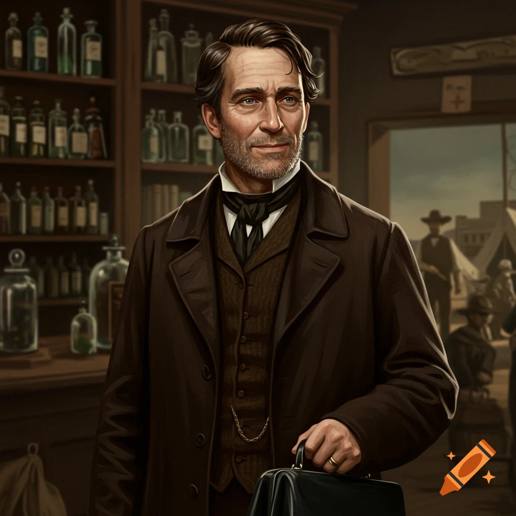 A Gold Rush era doctor holding a bag in his office with shelves of bottles.