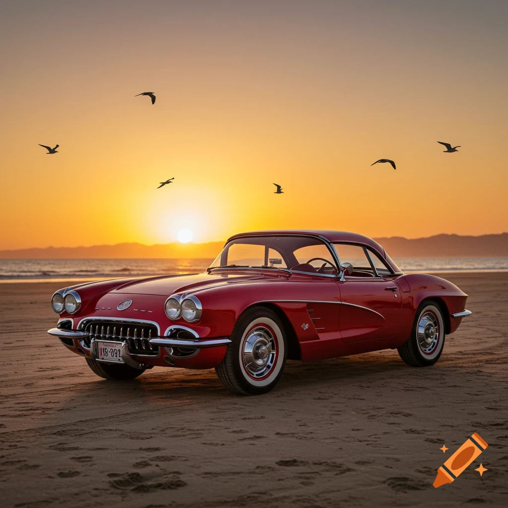 A red 1962 Chevrolet Corvette parked on a beach at sunset with birds flying.