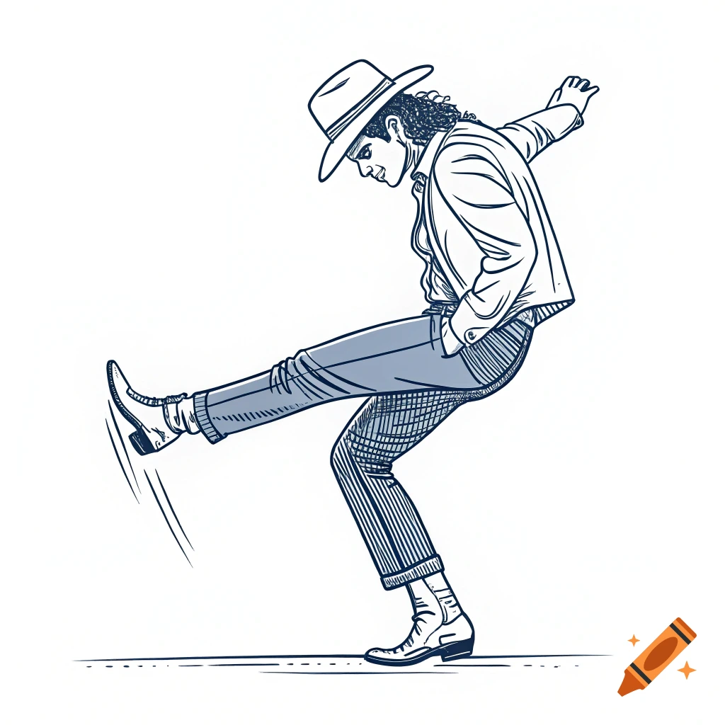 Line drawing of a person in a hat and suit doing a dance kick, similar to Michael Jackson's move.