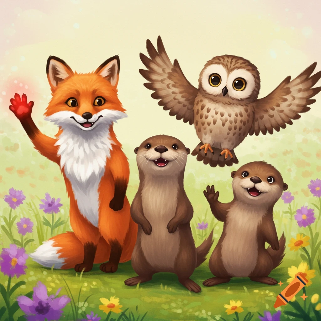 A fox, owl, and two otters in a field of flowers, waving.