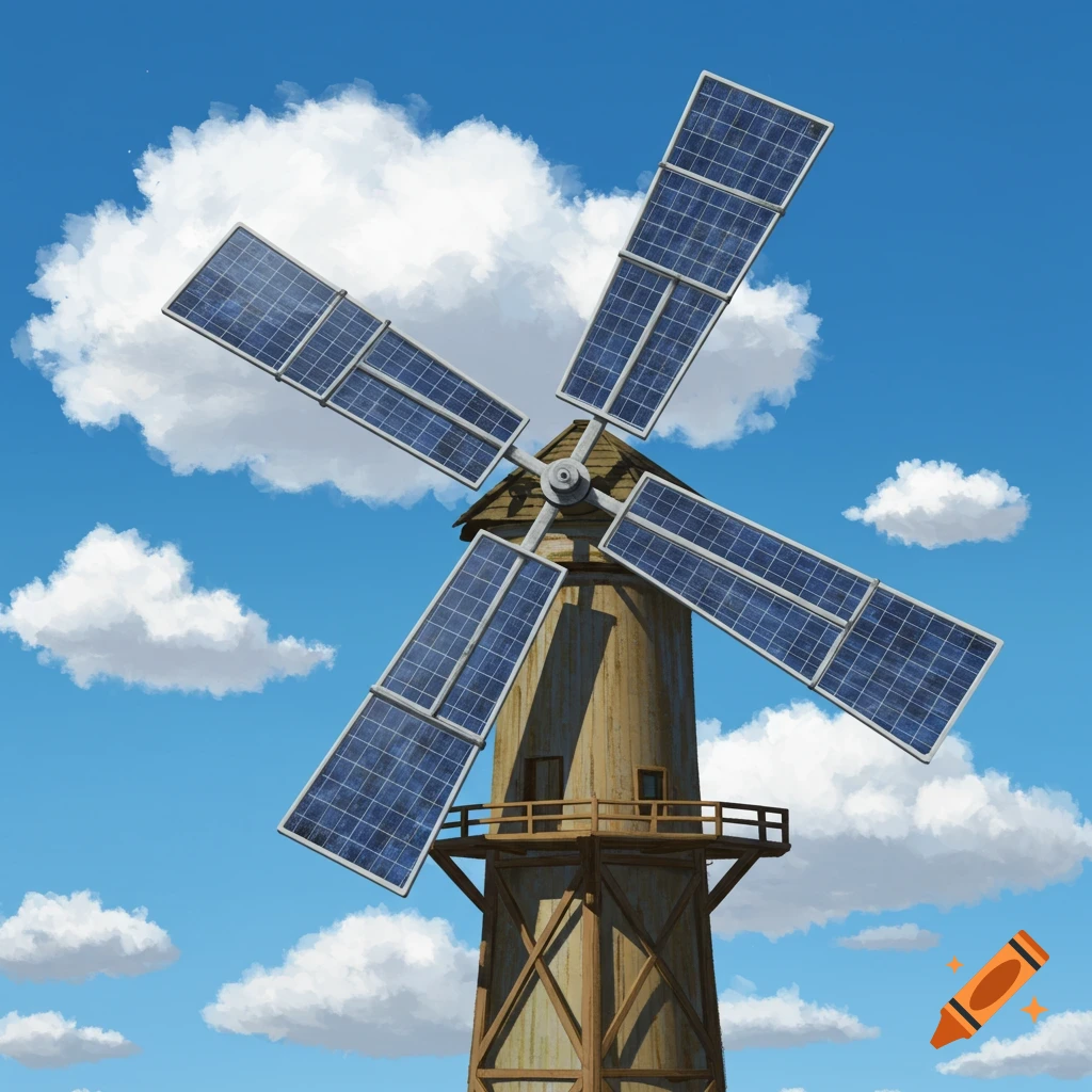 A windmill with solar panels on its blades stands tall against a clear blue sky.