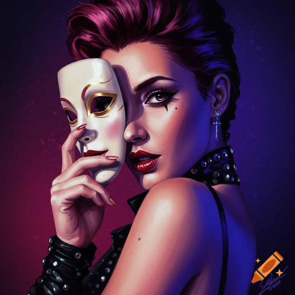 A woman is depicted pulling a mask away from her face, looking over her shoulder.