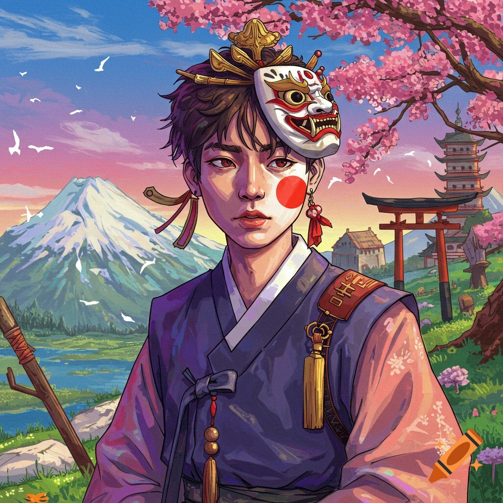 A person is wearing traditional clothing and a mask, with Mount Fuji and a pagoda in the background under cherry blossoms.