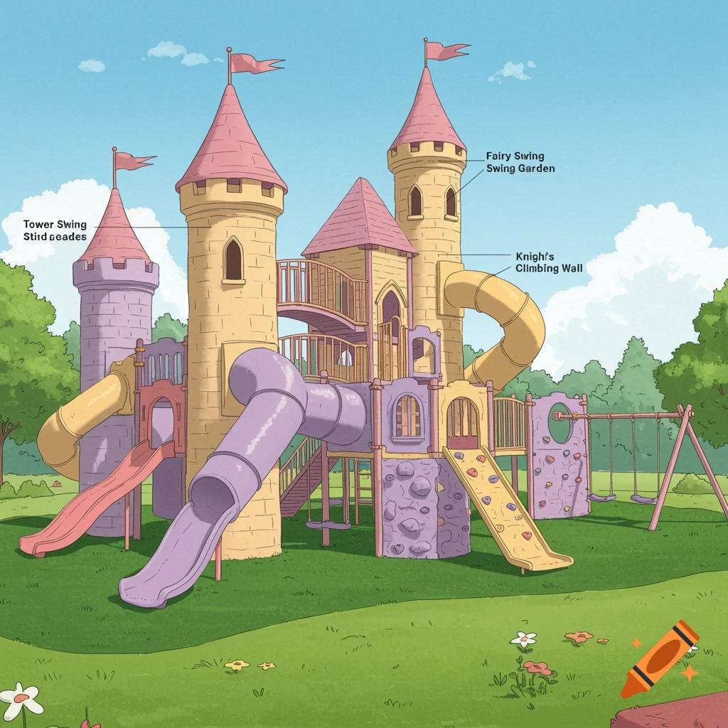 An illustration of a fairytale castle-themed playground with slides, swings, and a climbing wall.