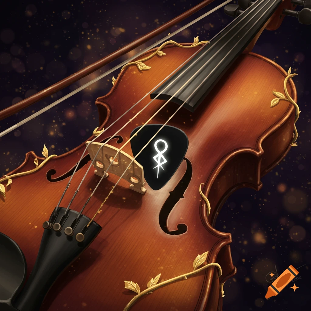 A close-up of a magical violin entwined with golden vines, with a pick showing a glowing abstract symbol.