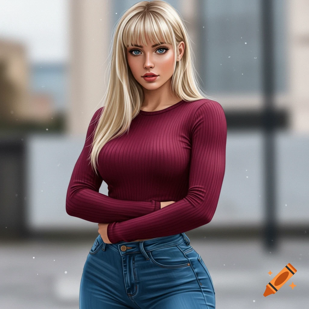A blonde woman in a burgundy long-sleeve shirt and blue jeans.