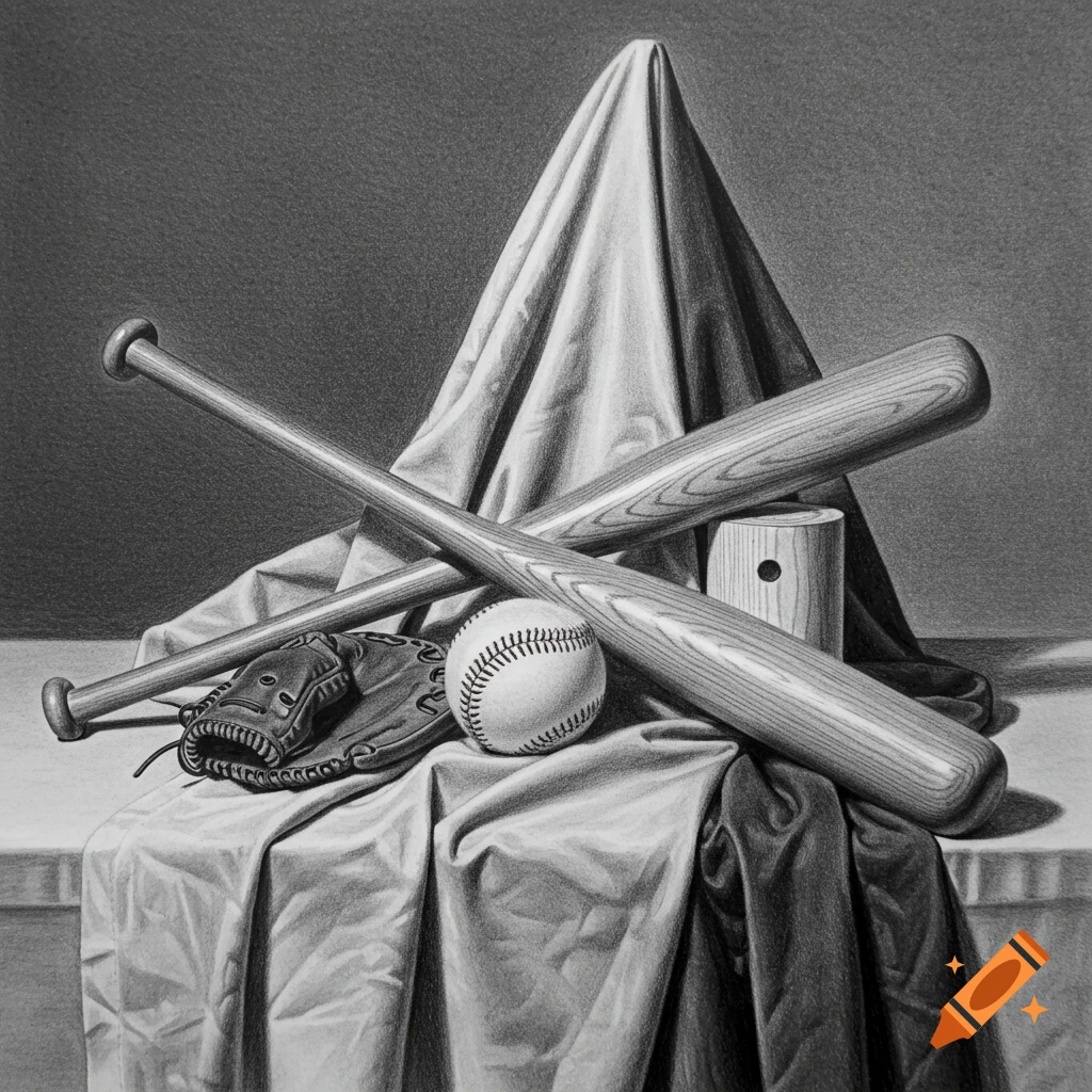 Pencil drawing still life of baseball gear including bats, glove, and ball.