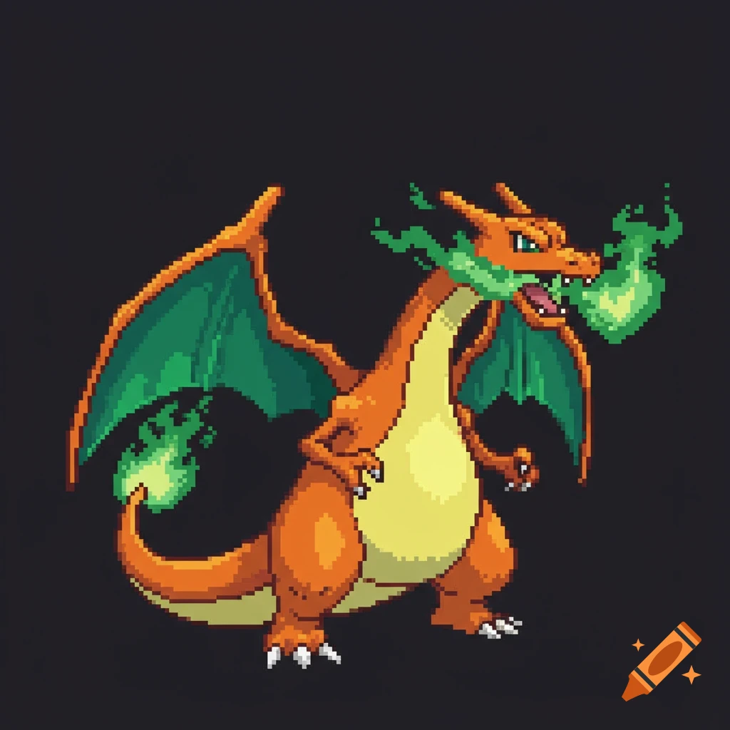 Pixel art of Charizard breathing green fire.