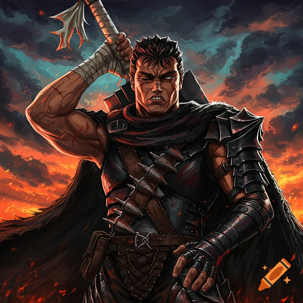 Guts from Berserk holds his large sword over his shoulder against a fiery, stormy sky.