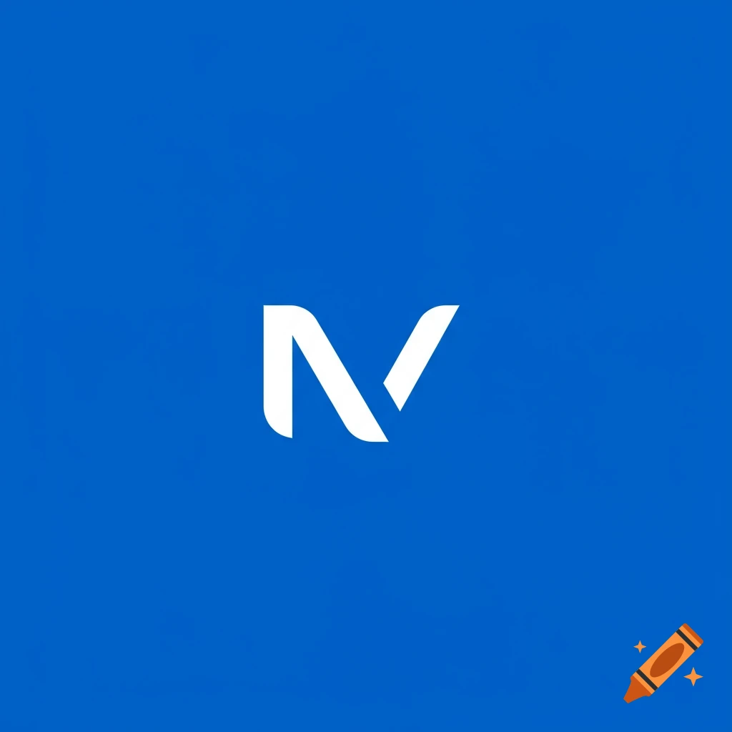 A white stylized letter N or V logo on a solid blue background.