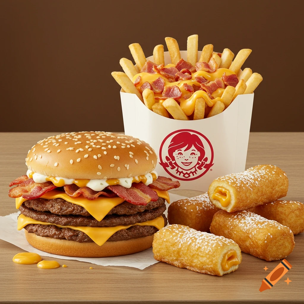A large triple bacon cheeseburger, baconator fries, and french toast sticks on a table, photorealistic.