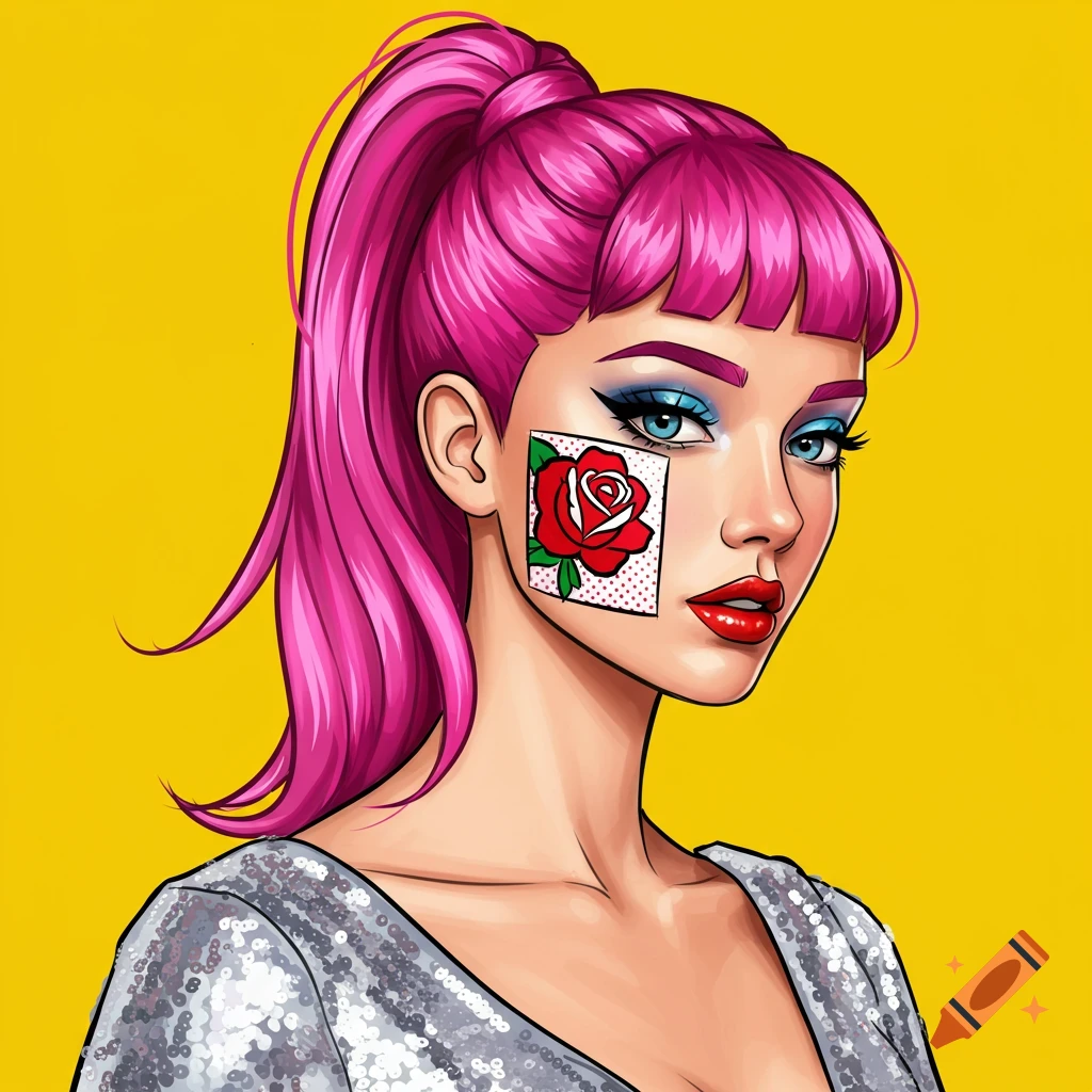 A woman with pink hair and pop art style makeup with a rose sticker on her cheek.