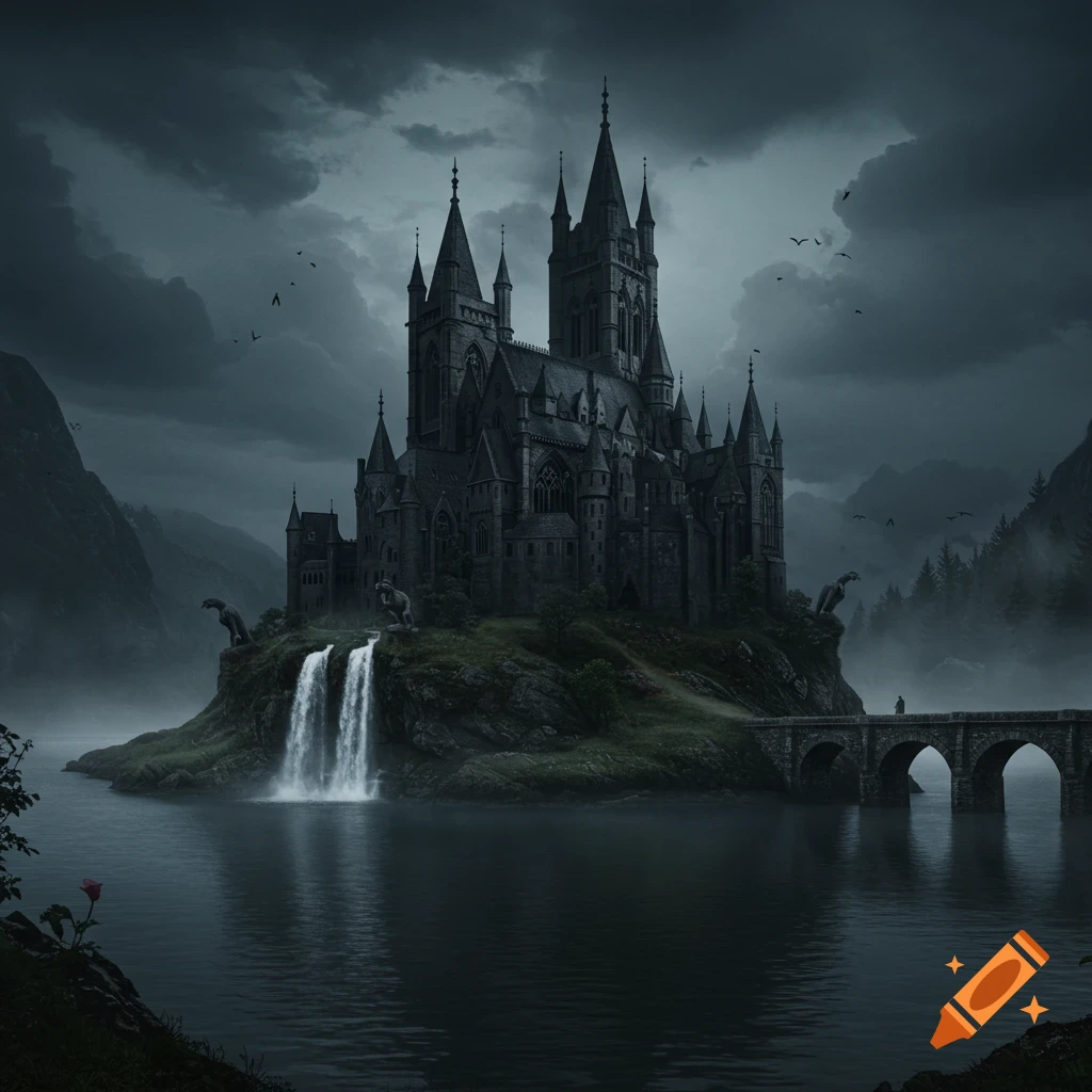A dark gothic castle on an island with waterfalls, a lake, and a bridge under a cloudy sky.