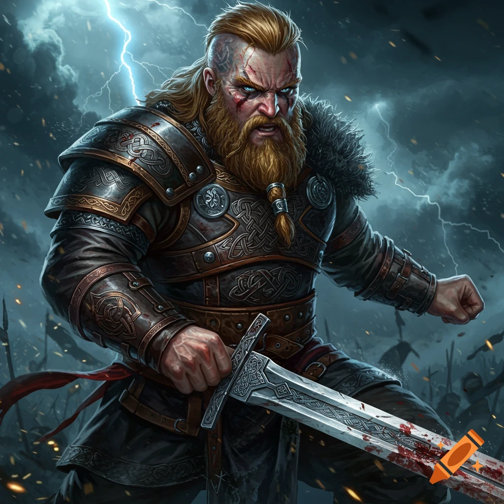 Fierce bearded Viking warrior in armor with bloody sword against a stormy battle background.
