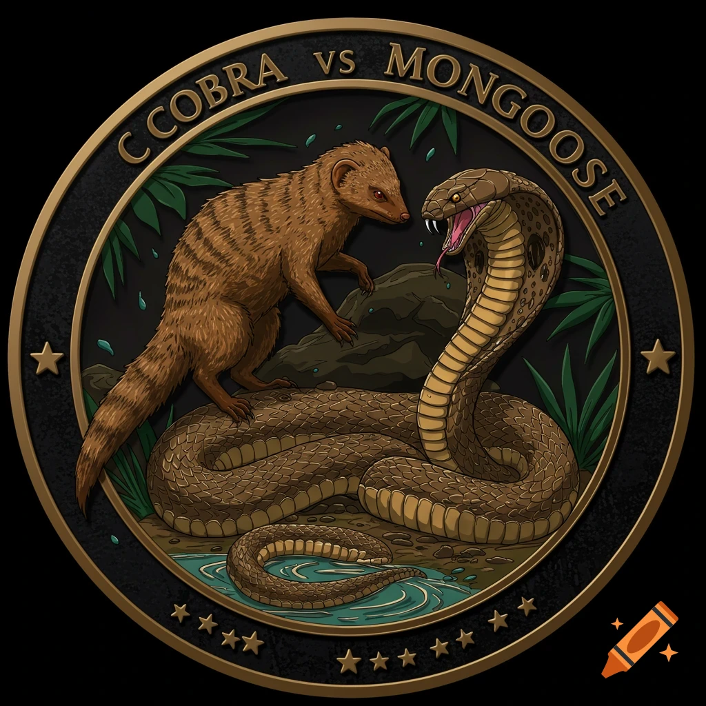 Mongoose and a cobra on a military coin.