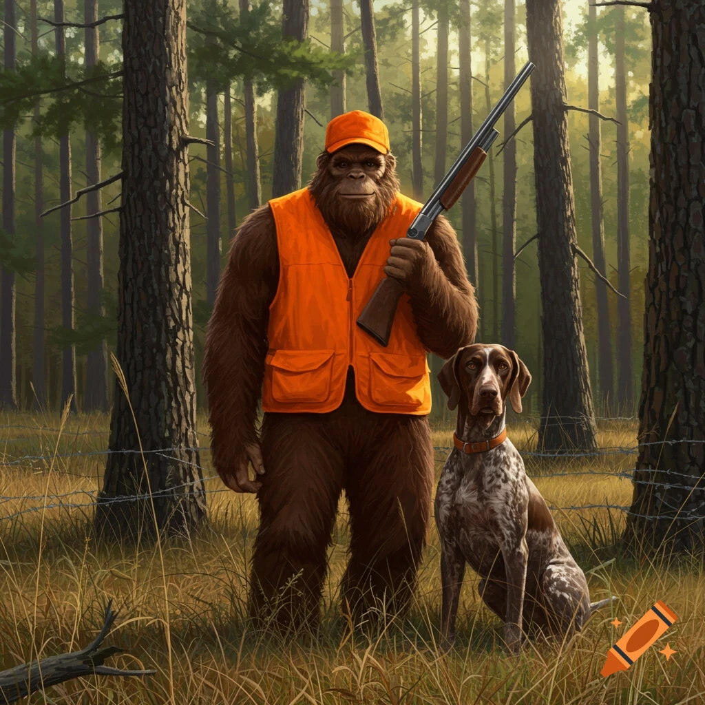 Sasquatch in hunting vest and hat with rifle and dog in a forest.