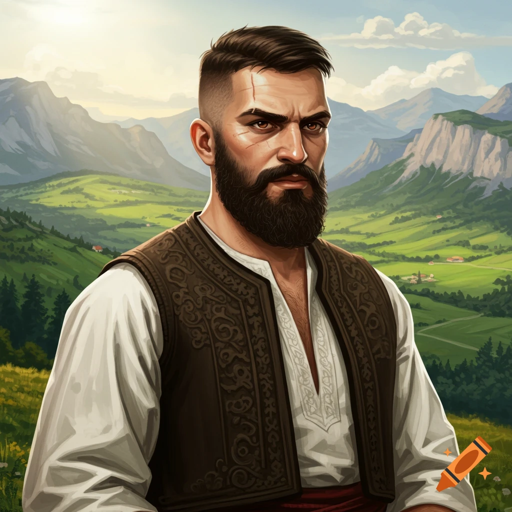 A man with a beard in a traditional vest, standing on a hillside with mountains in the background.