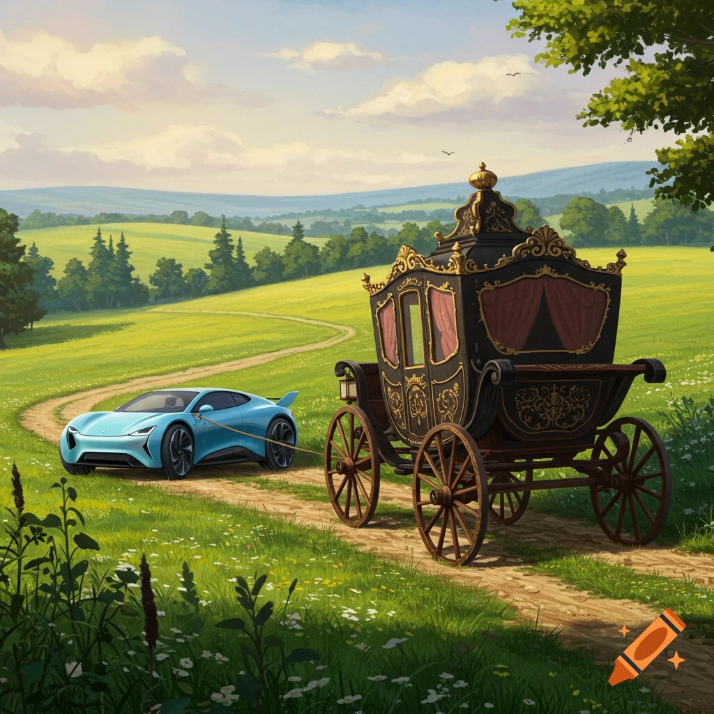 A light blue car pulls an ornate carriage down a dirt path through a green field.