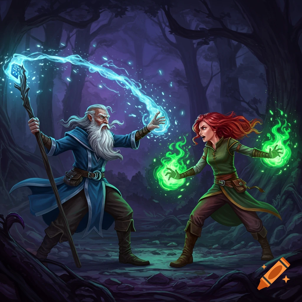 Two wizards dueling with blue and green magic in a dark forest.