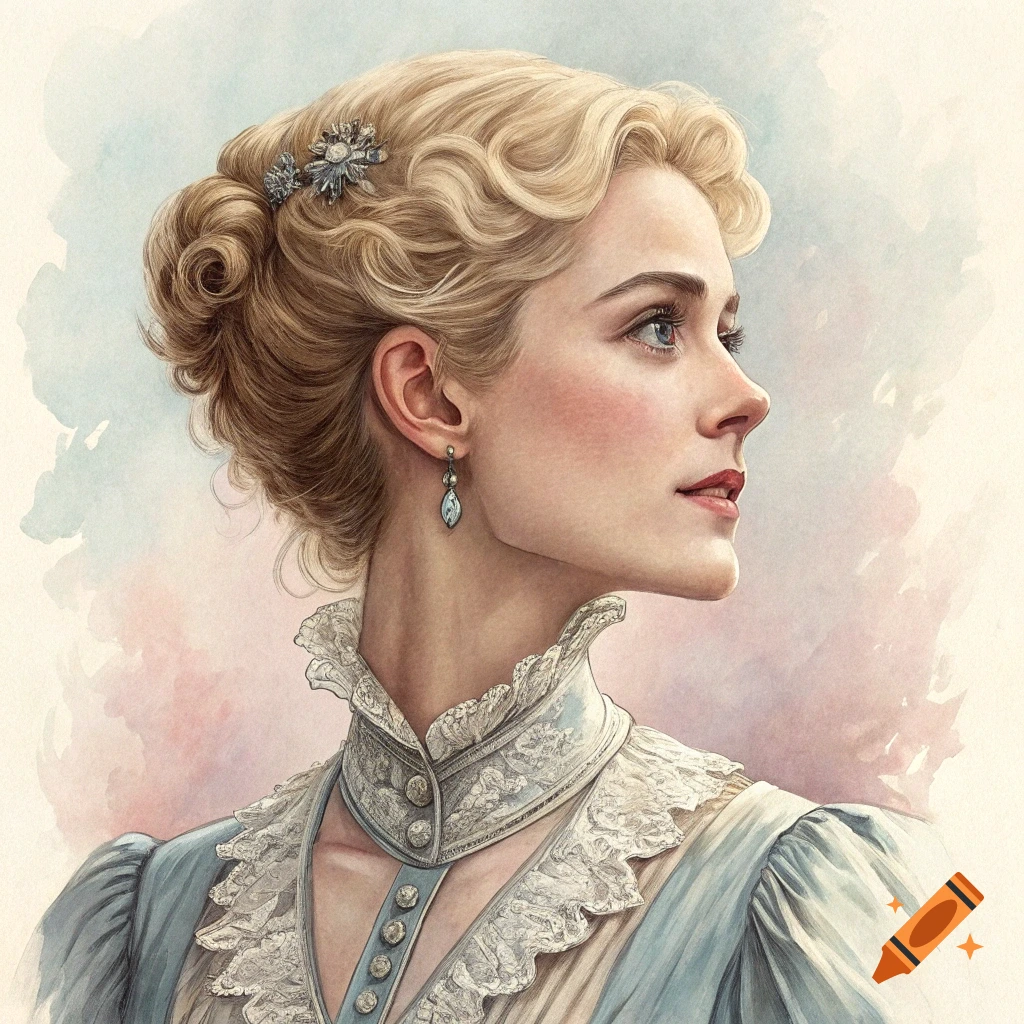 Watercolor portrait of a woman with blonde hair in a historical blue dress with lace collar