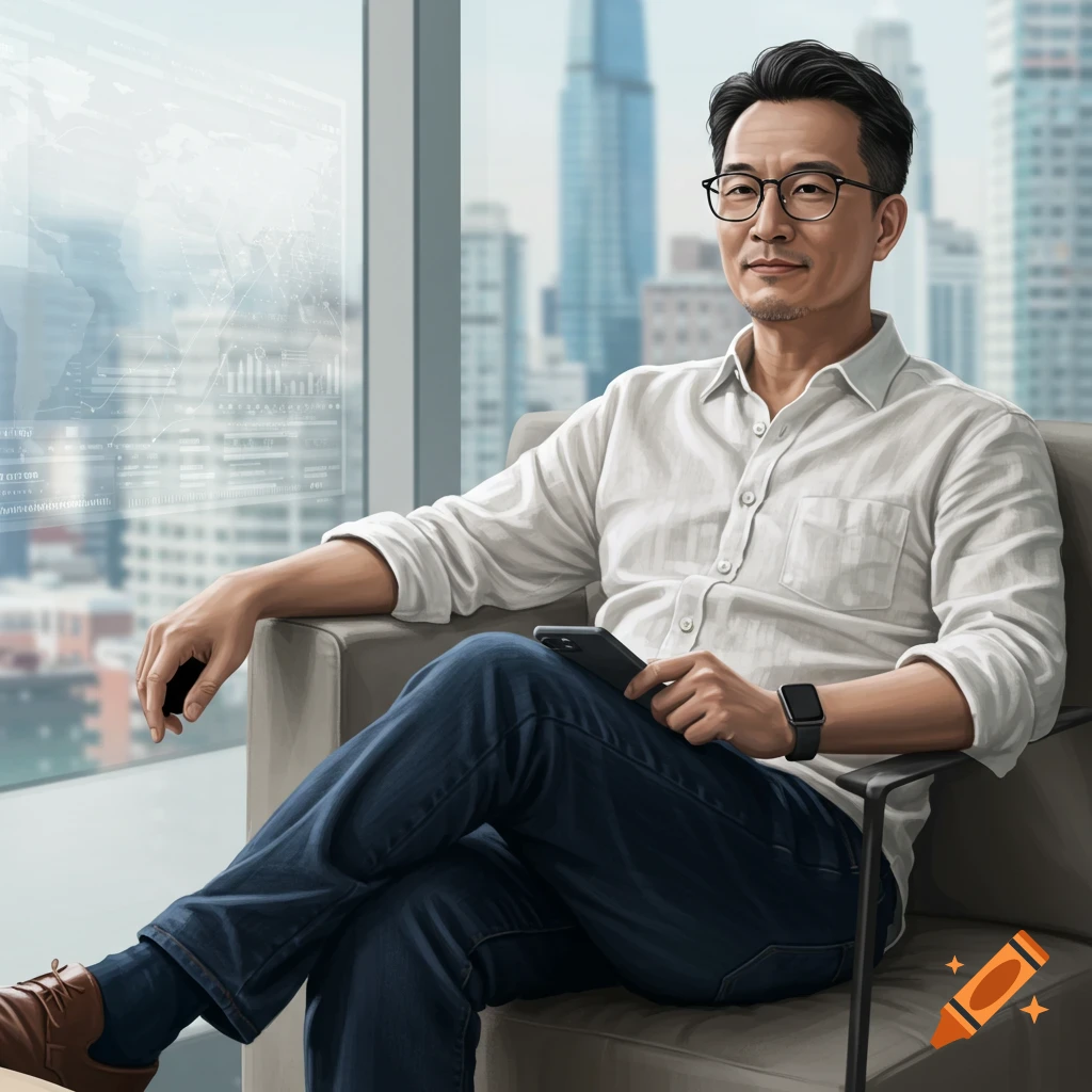 A man sits in a chair by a window overlooking a city, holding a phone.