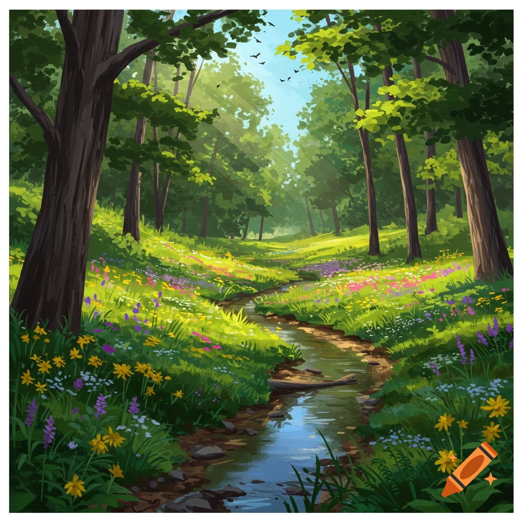 A sunlit forest path with a stream and wildflowers.