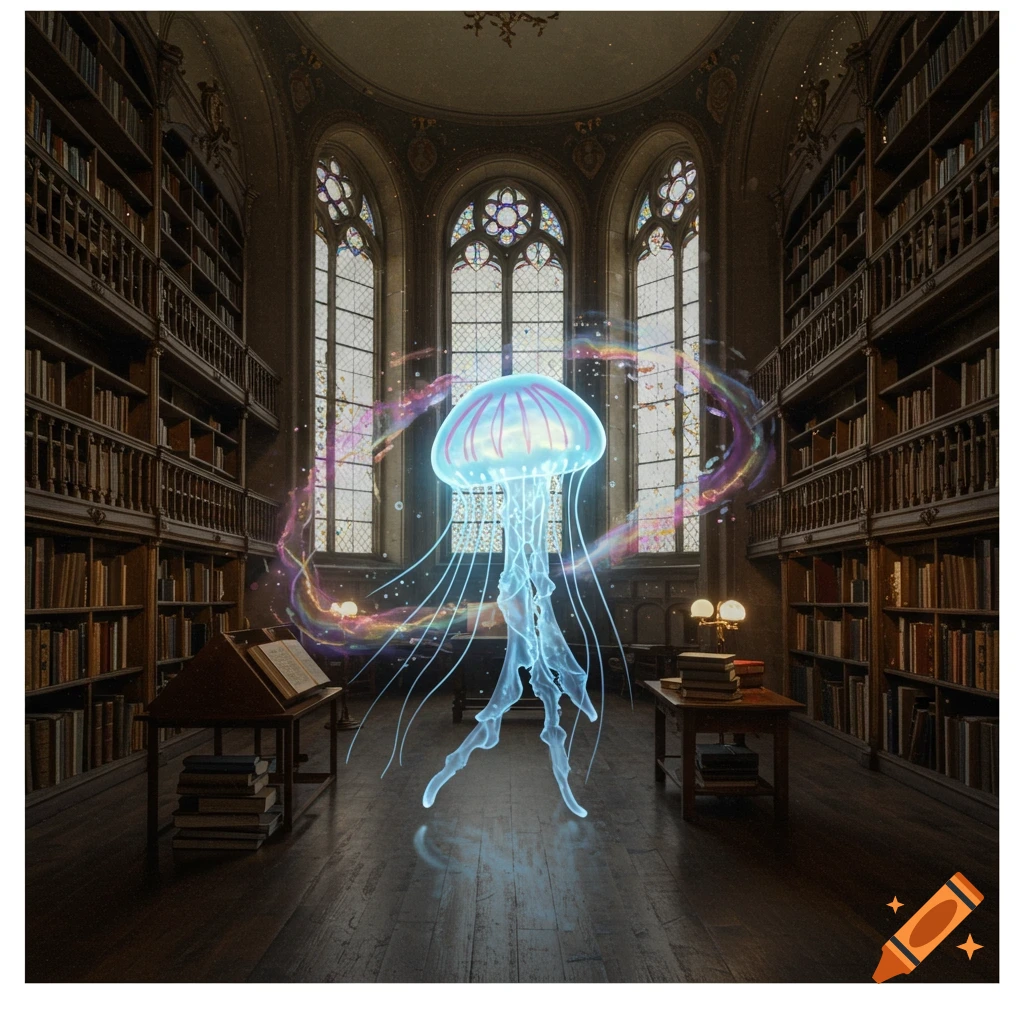 A glowing blue jellyfish floats in a grand library, surrounded by colorful light trails.