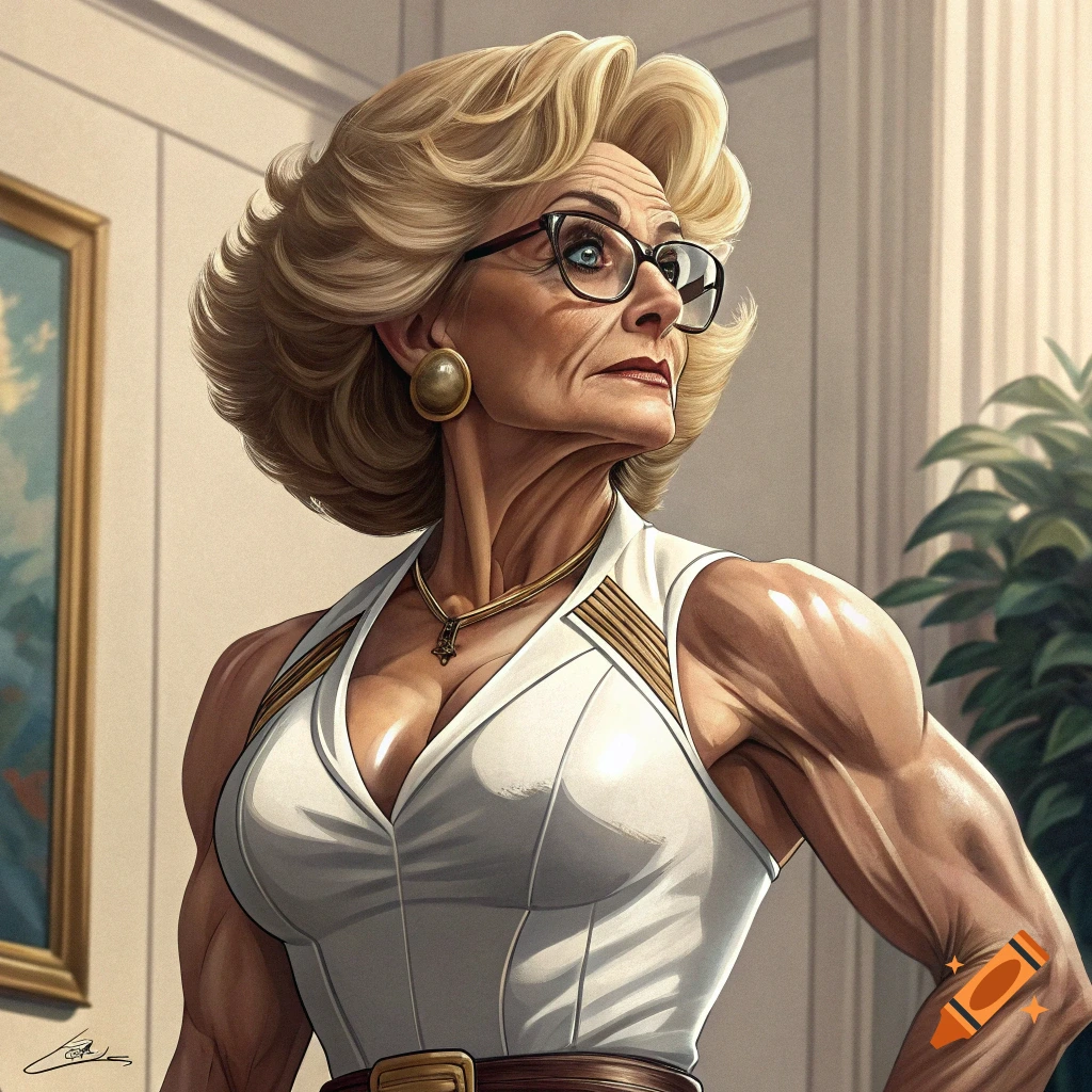 A stylized portrait of a muscular woman with blonde hair and glasses, wearing a white sleeveless top and gold necklace, looking up and to the side.