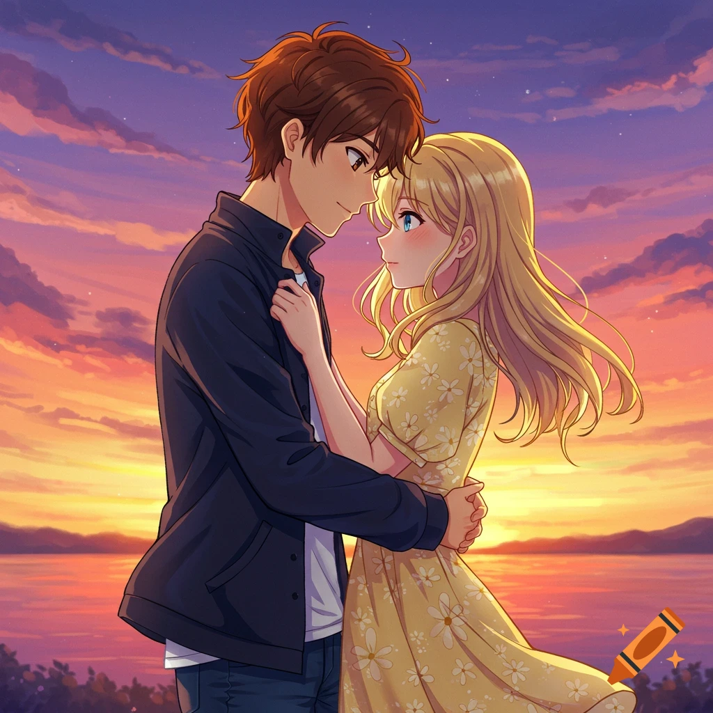 Anime couple embracing at sunset by the water