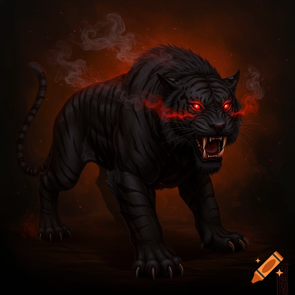 A black, demonic tiger-like creature with glowing red eyes and smoke.