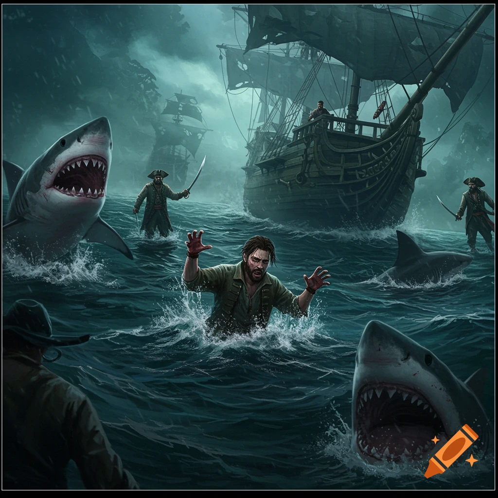 Painting of a man in stormy water surrounded by sharks and pirates.
