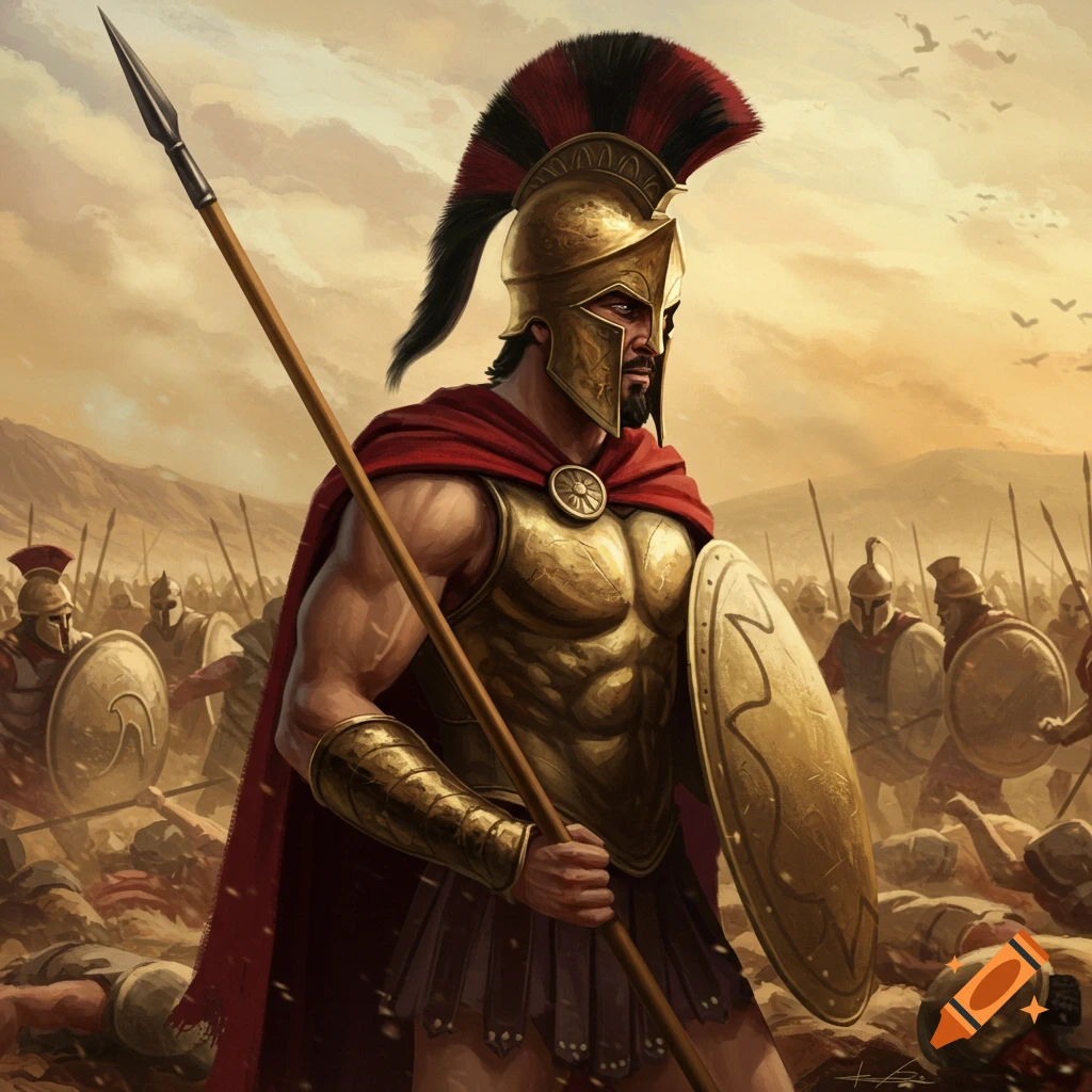 A Spartan warrior in golden armor and red cape, holding a spear and shield against a horde of enemies in battle.