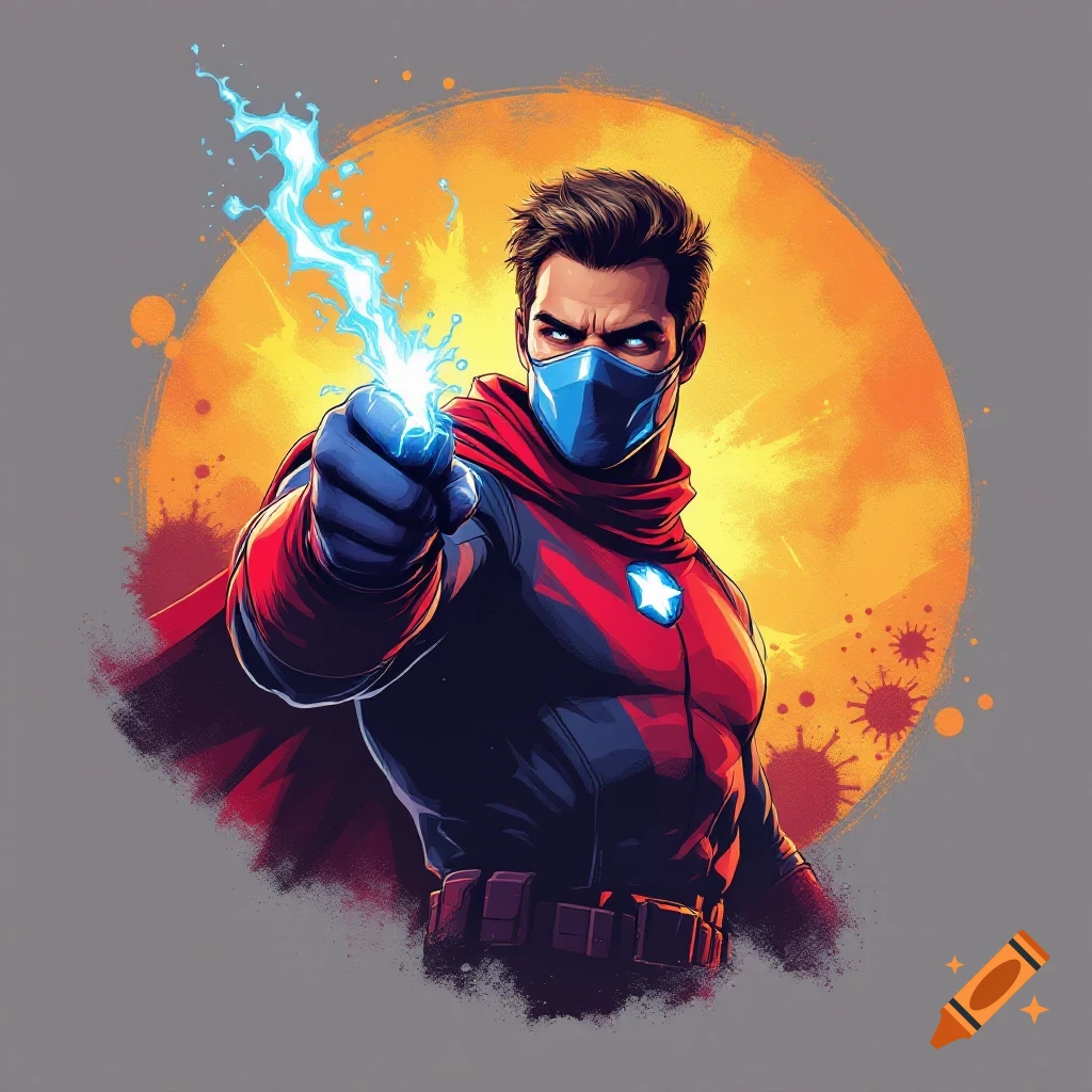 A masked superhero figure is holding a bolt of blue energy, with an orange sun-like background and splatter effects.