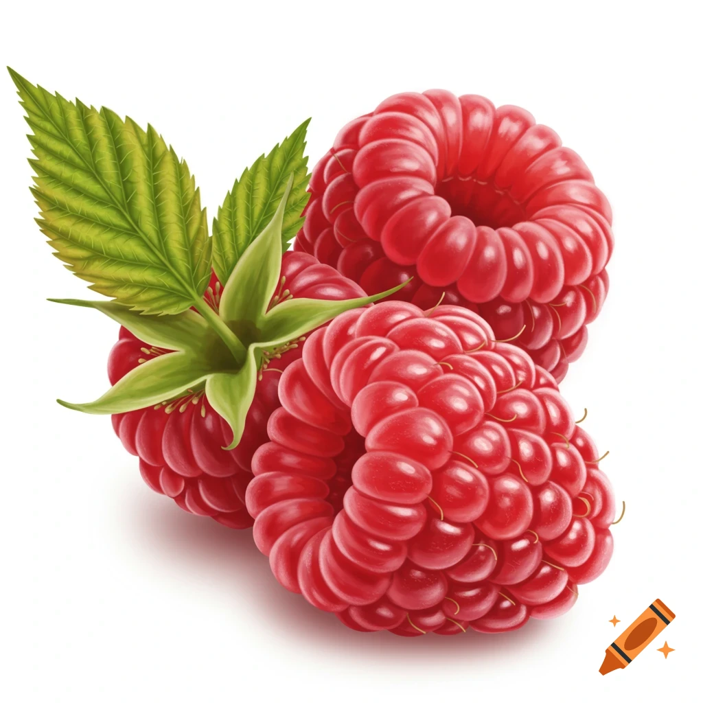 Two raspberries with leaves on a white background.