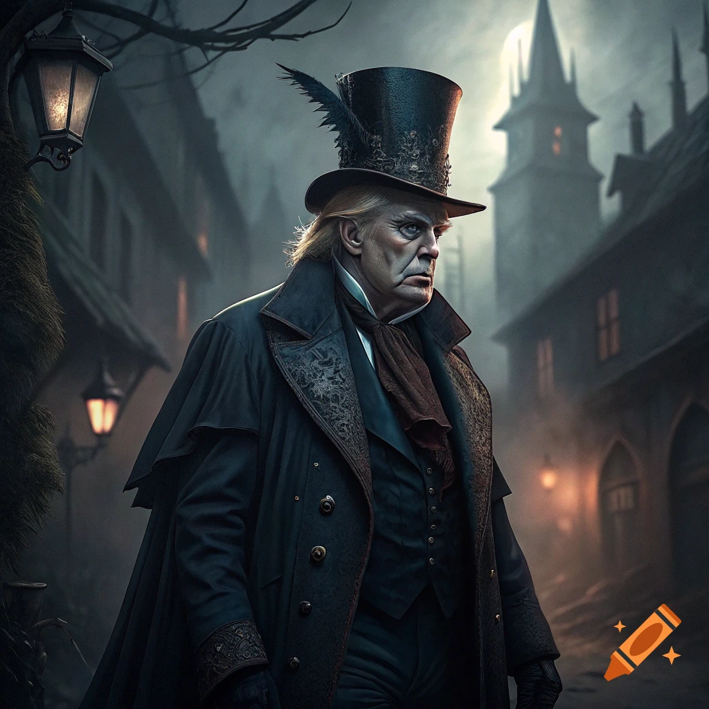 A man in a top hat and long coat walks down a dark, gothic street.