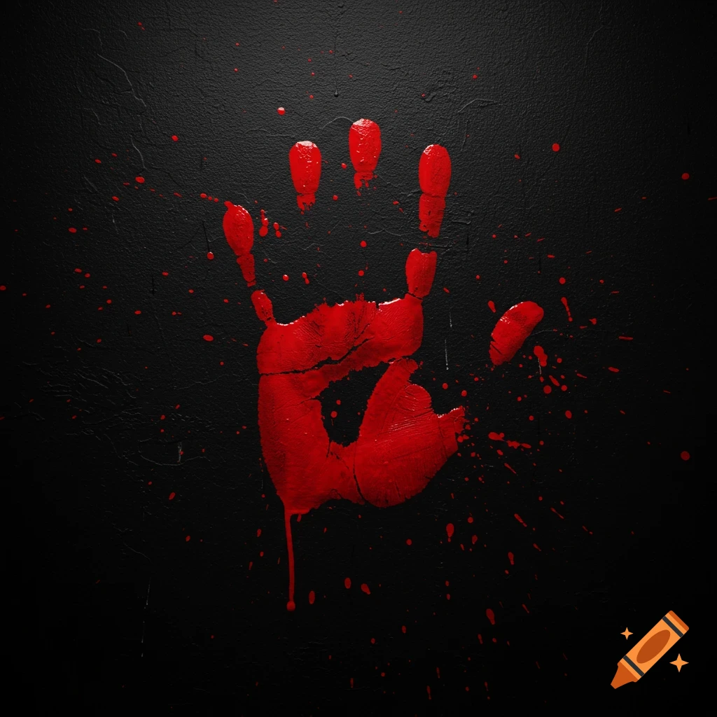 A red handprint and blood splatters on a black background.
