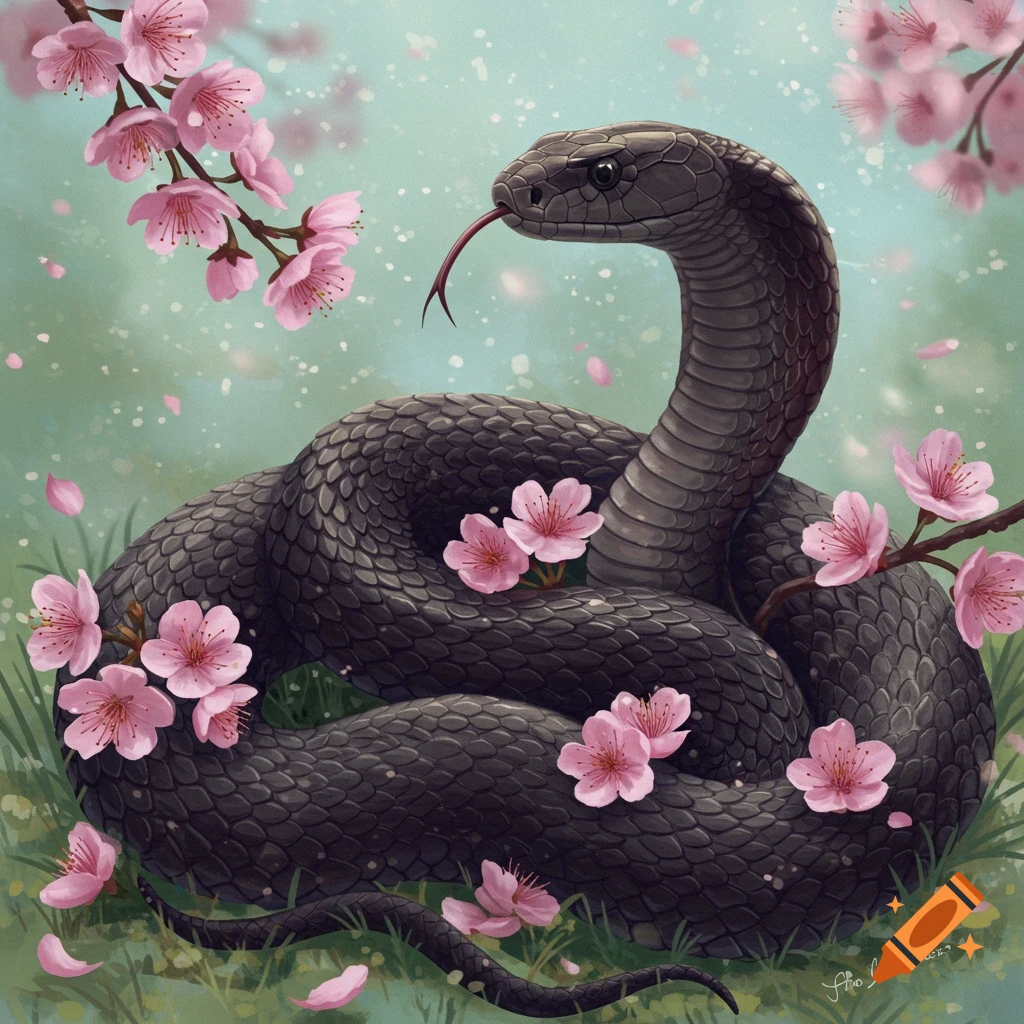 A black snake coiled in grass surrounded by pink cherry blossoms