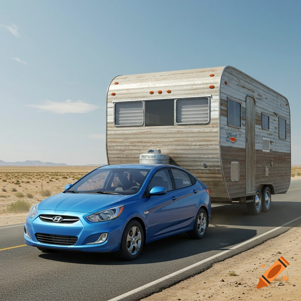 A blue Hyundai Accent car towing a vintage trailer on a desert road.
